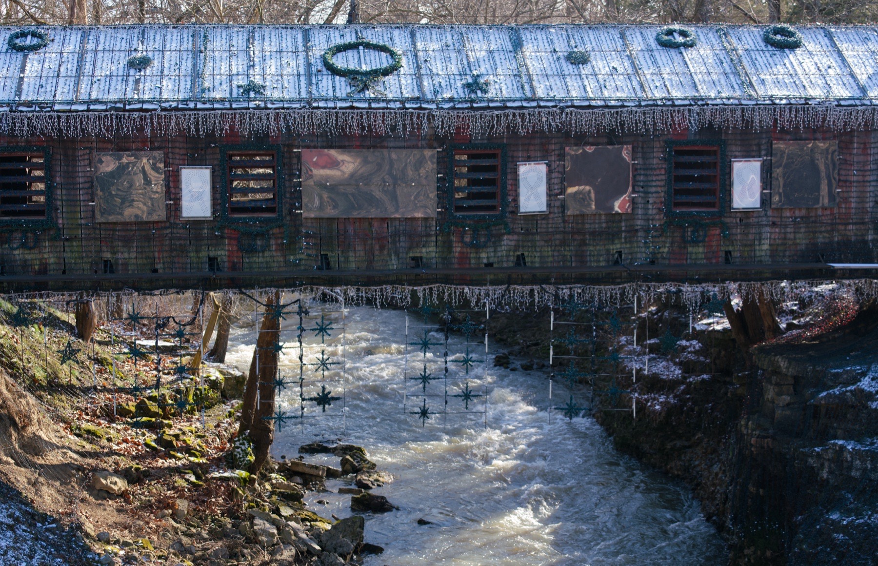 Clifton Mill decorated for Christmas with icicles
