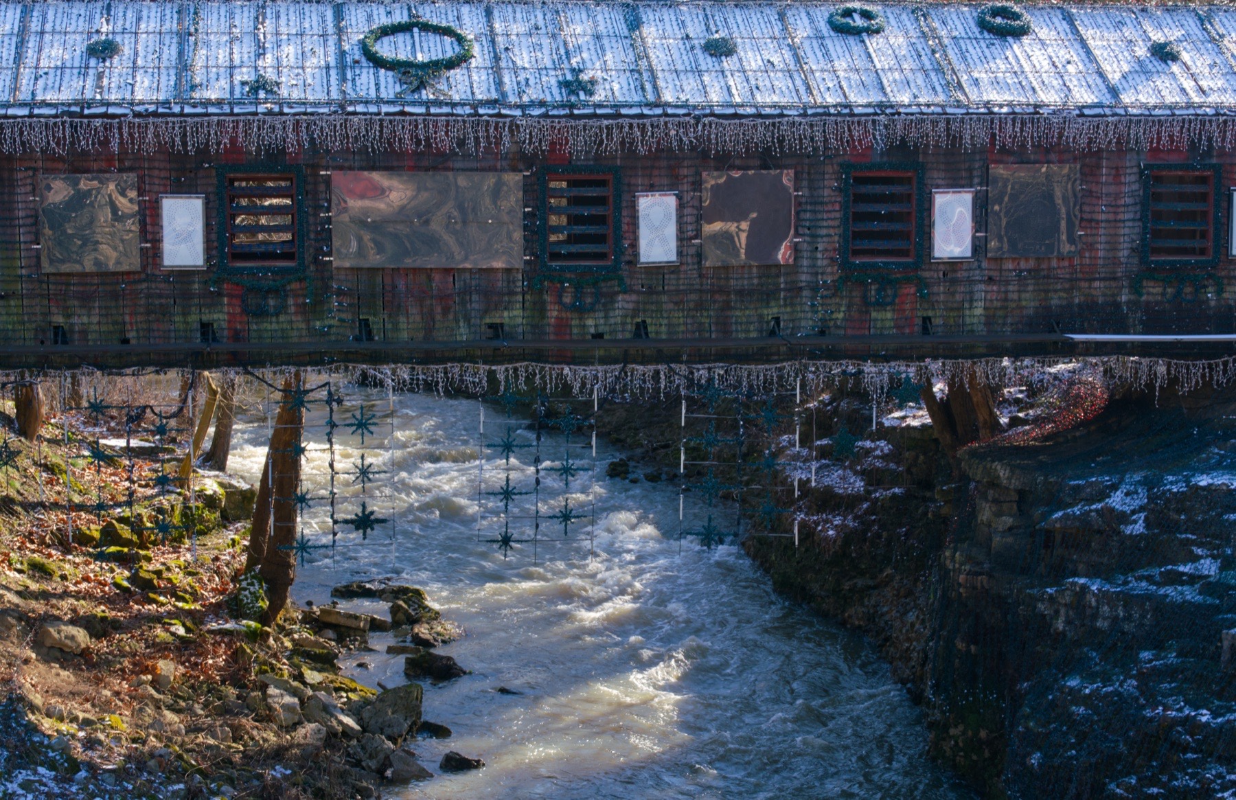 Clifton Mill in December with holiday decorations