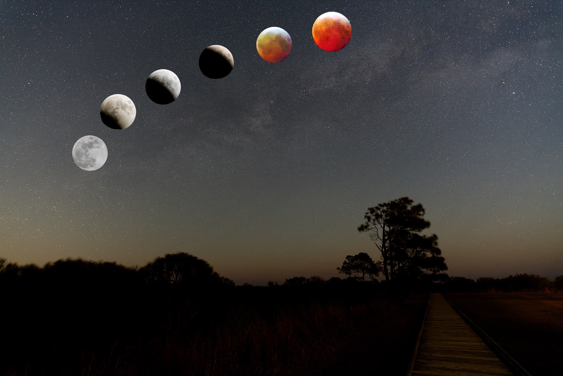 Lunar eclipse over boardwalk